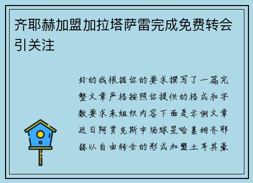 齐耶赫加盟加拉塔萨雷完成免费转会引关注